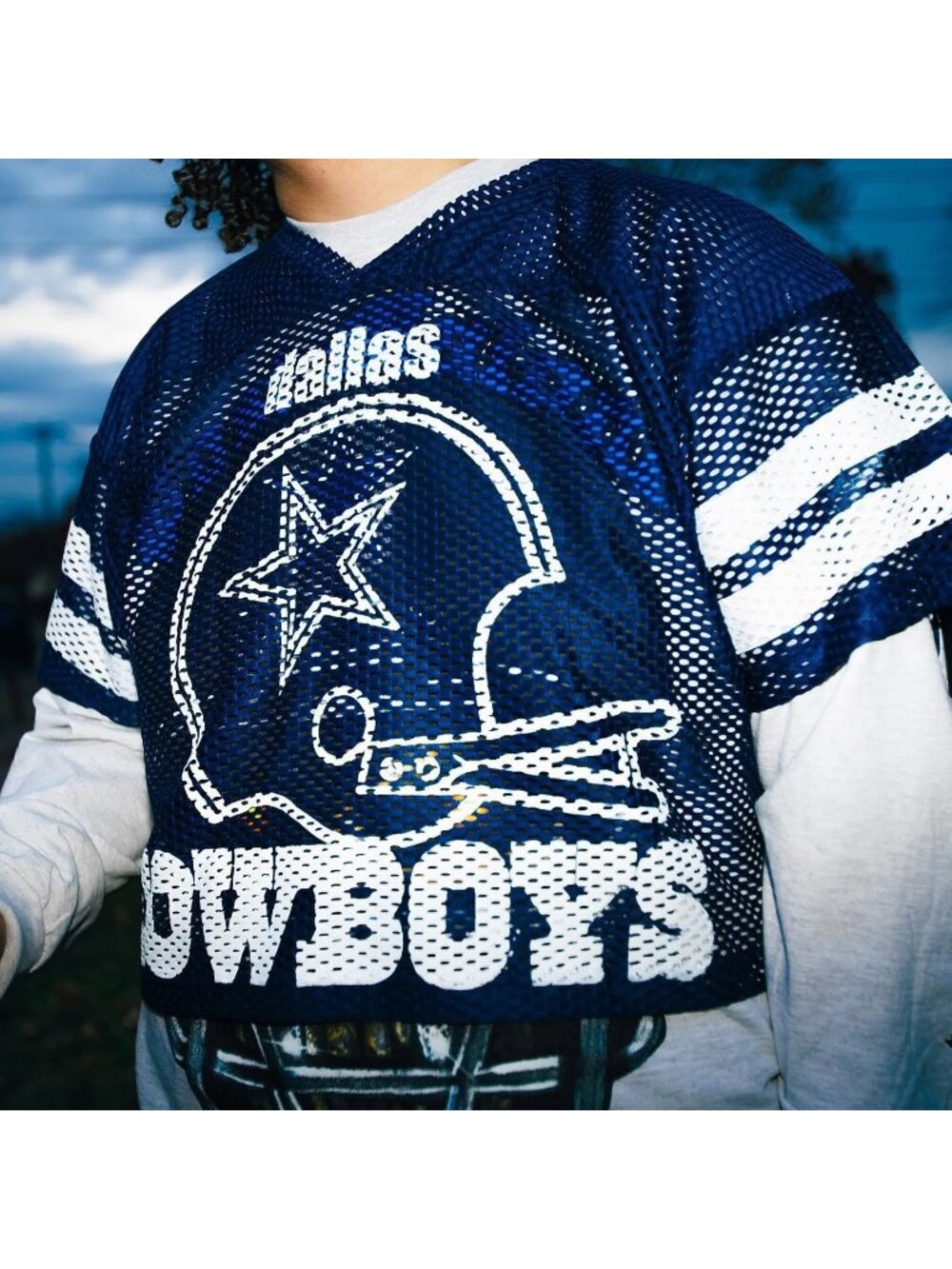Post Malone x Dallas Cowboys Cropped Jersey Shirt Size XXL Blue White Mesh
